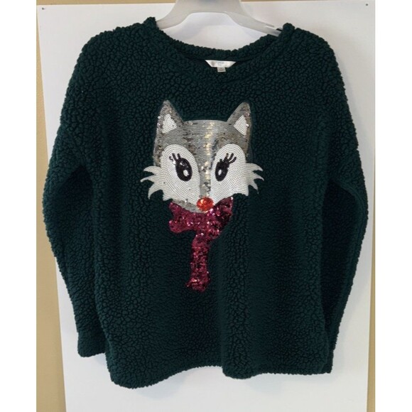 Women Ugly Sweatshirt Time & Tru M (8-10) Green W/ Sequin Fox Christmas Preowned - Picture 1 of 7